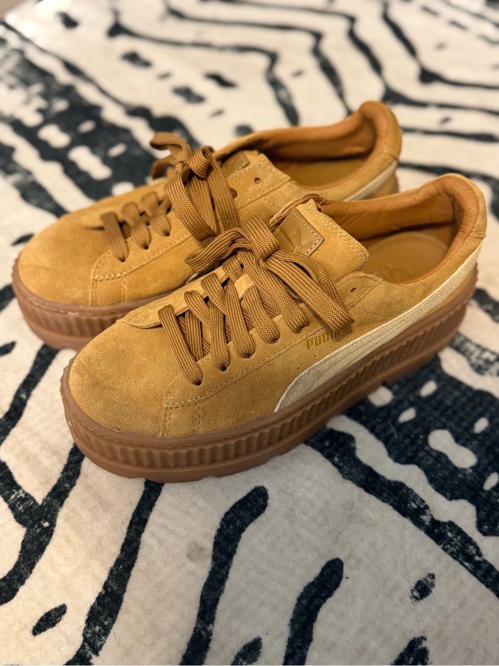 Rihanna Fenty Puma Suede Low-Top Sneakers in Tan and Cream